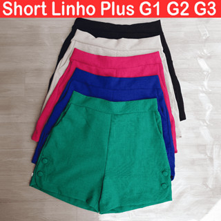 Short Feminino Plus Size Linho Social com bolso Botões forrados e Elástico na Cintura em Oferta na Shopee