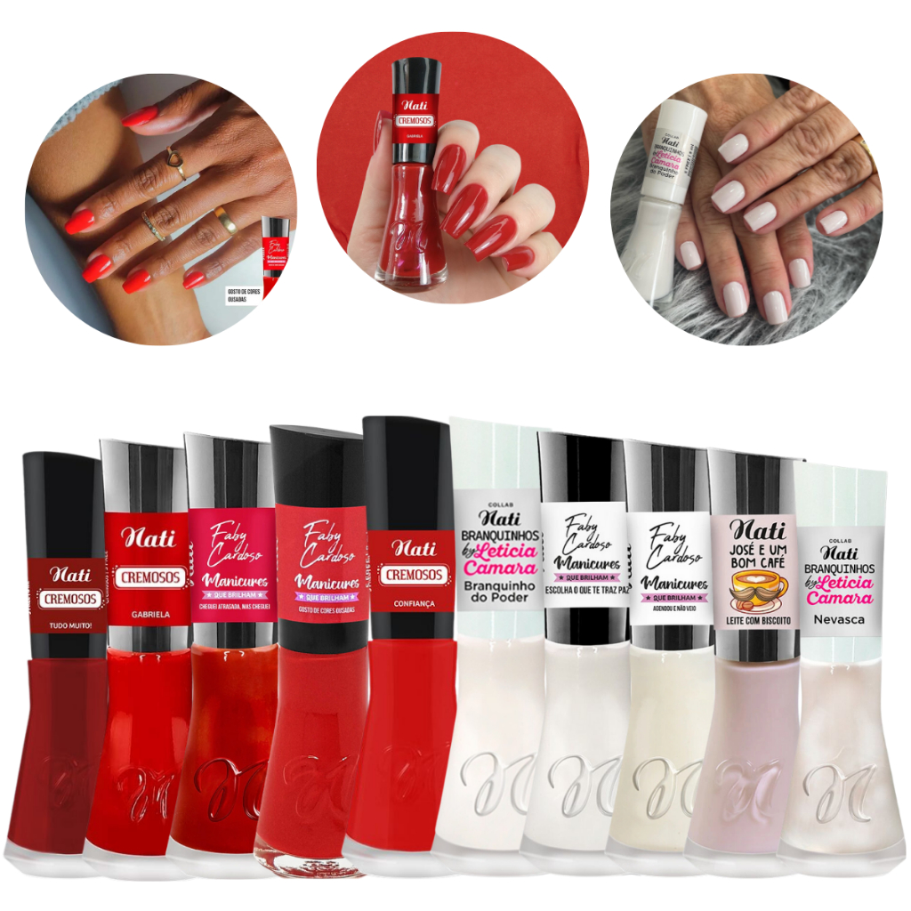 Kit 10 Esmaltes Nati Vermelhos E Brancos Cores Fortes E Claras Manicure Pedicure