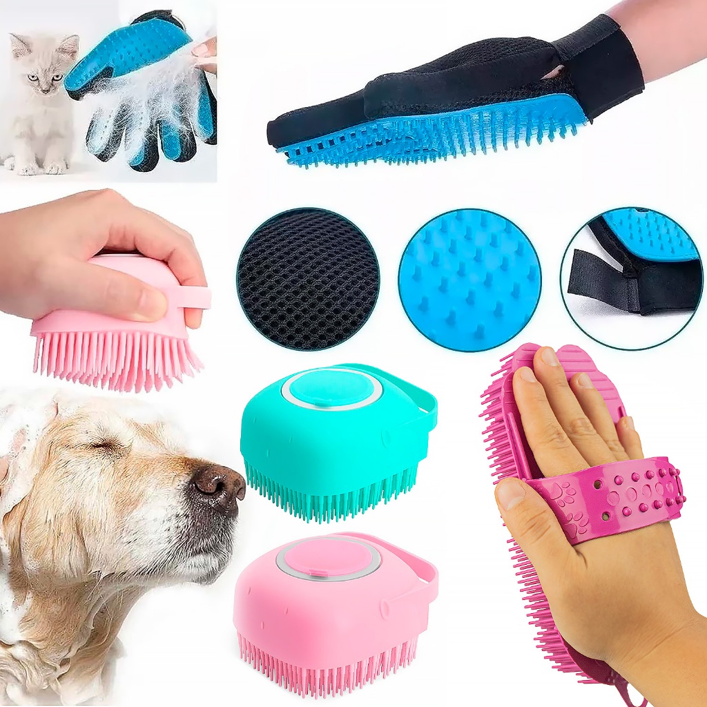 Kit Banho Pet 3 Em 1 Luva Tira Pelos + Escova + Esponja Shampoo 🐾