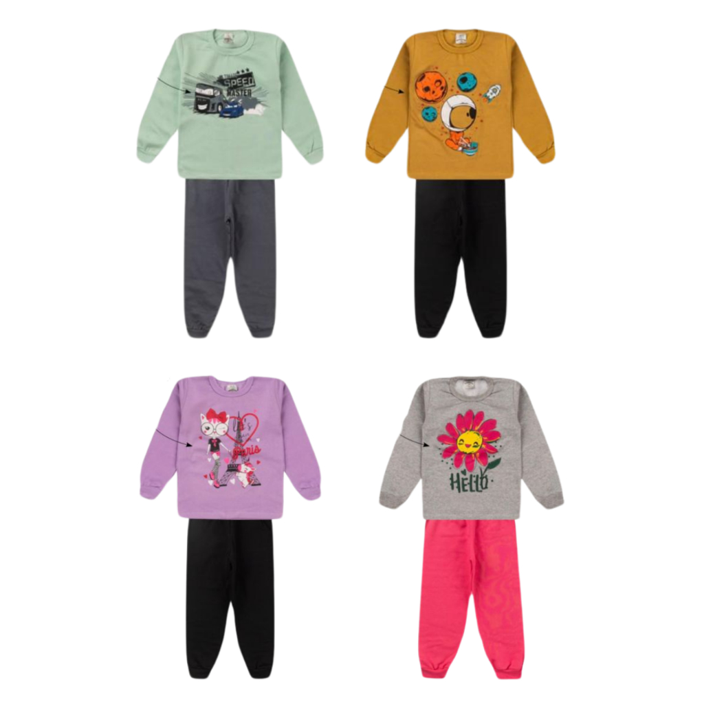 Kit 6 Peças Conjunto Moletom S/Capuz Peluciado 3 Casacos + 3 Calças de Moletom Menino e Menina