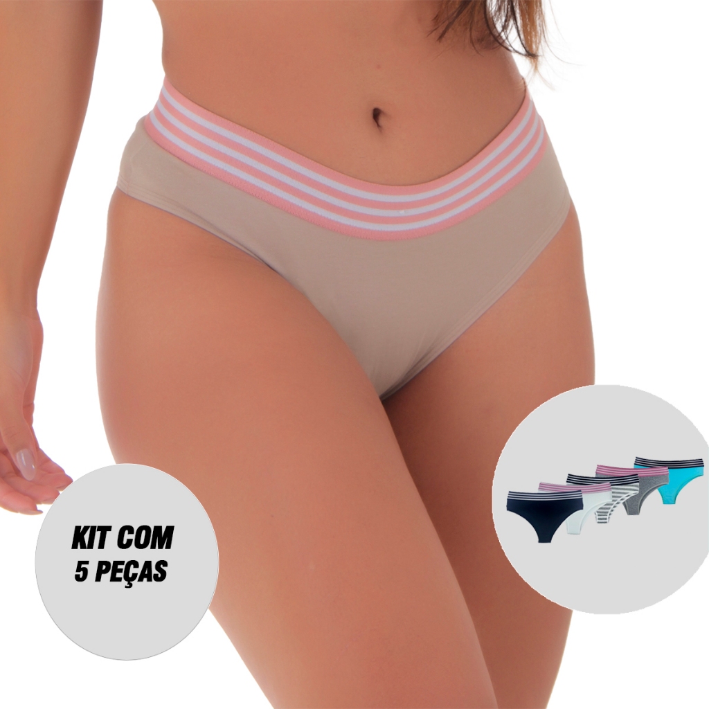 Kit 5 Calcinhas Feminina Algodão Penteado Vitória Cintura Alta Lingerie Algodão - Women Clothes
