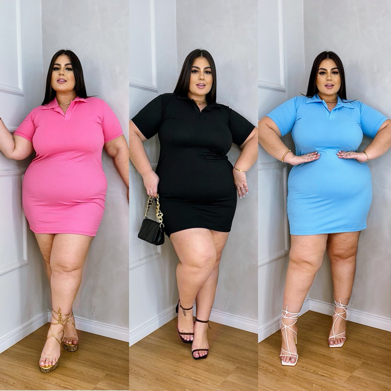 Vestido Gola Polo Canelado Plus Size G ao G1 em Oferta na Shopee