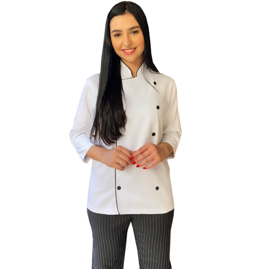 Dolma Chef Cozinha uniforme profissional De Manga Longa gastronomia Unissex Brim Branca com Botões e Vivo Preto