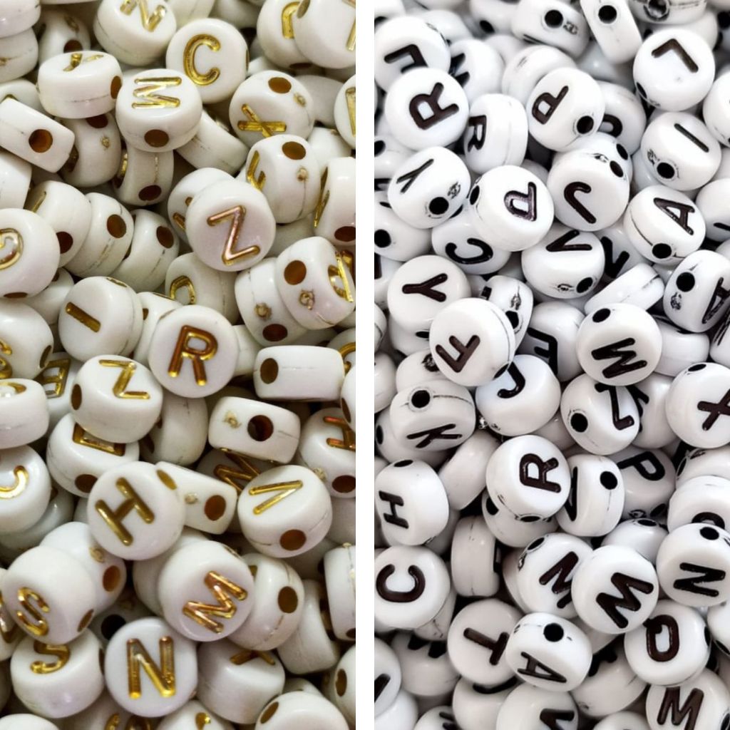Miçanga Letras Alfabeto 7mm Peças Promoção Letrinhas Redondo Várias CoresDourado e Branco em Oferta na Shopee