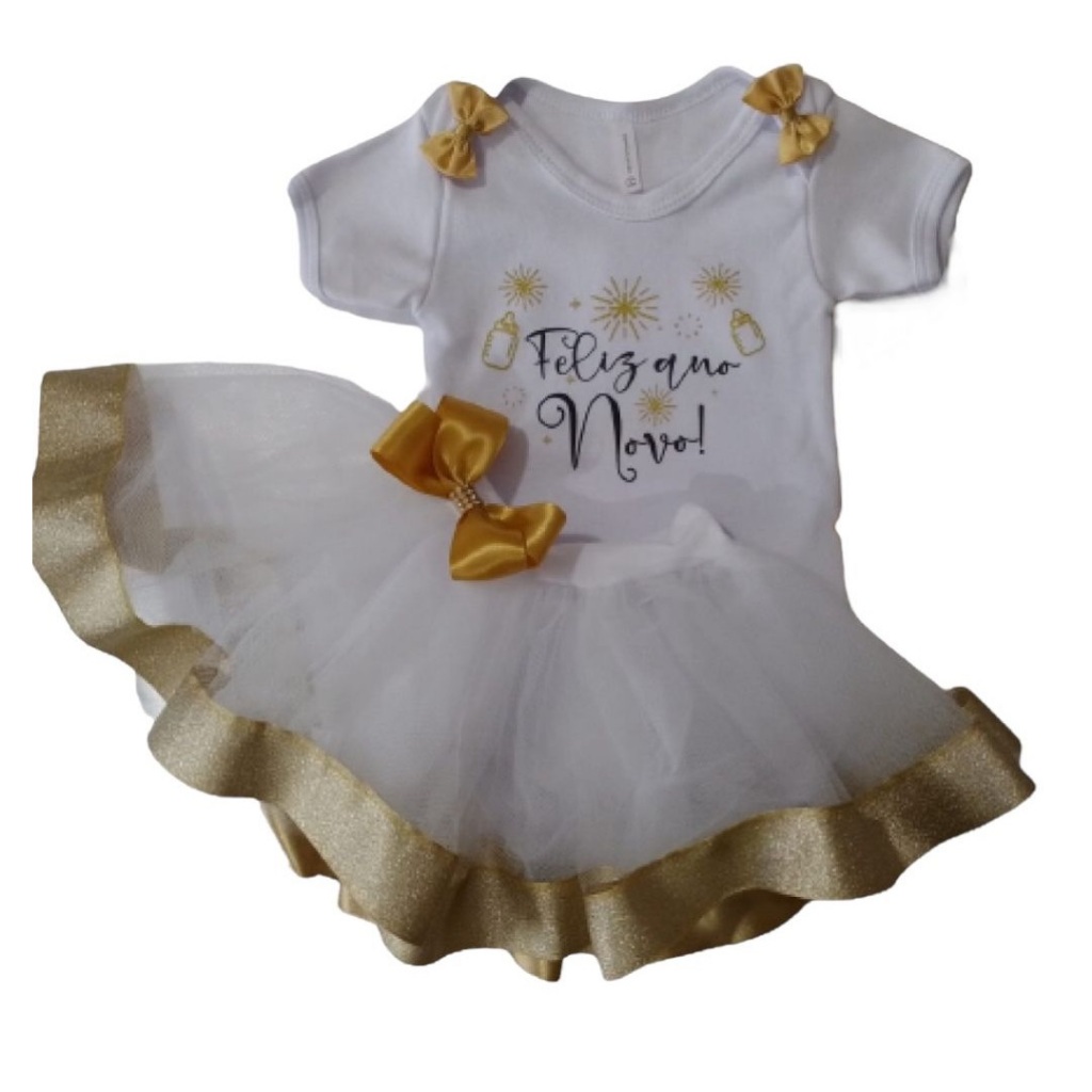 Conjunto Bebê Menina Feliz Ano Novo Infantil Roupa Festa Body Branco e Saia