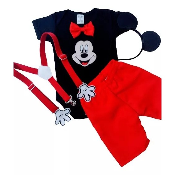 Body Mickey Bebê Menino Conjunto Infantil Temático Festa Fantasia Mesversário, Short, Suspensório e Tiara Orelhinhas