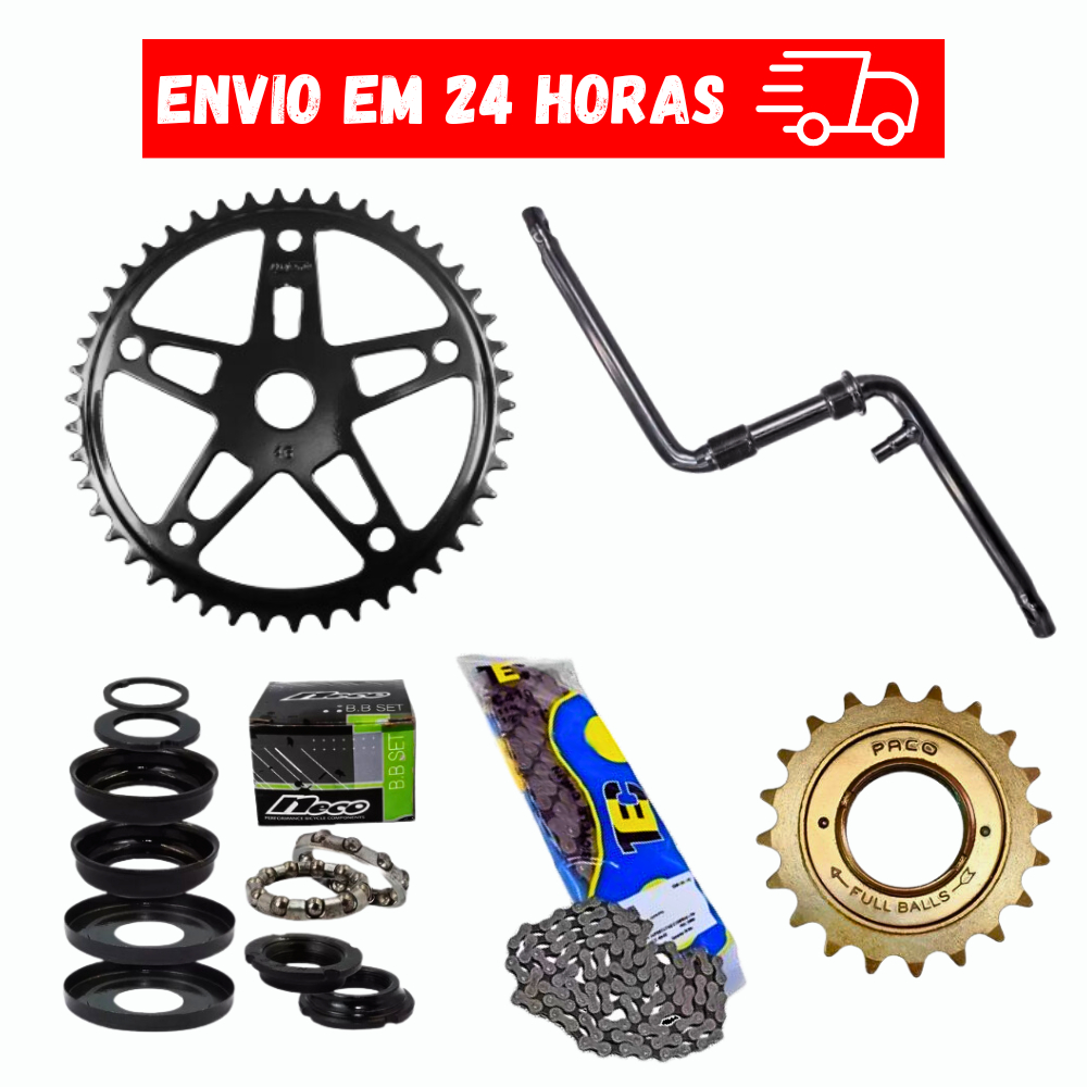 Kit Transmissão Bike Catraca  20 + Pe De Vela Aro 26 + Coroa 46  + Movimento Central + Corrente Grossa  5Pçs