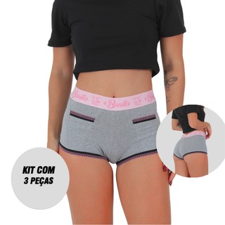 Kit 3 Short Bang Bang Algodão Penteado Cueca Feminina em Oferta na Shopee