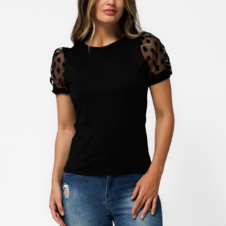 Blusa Feminina Canelada Manga Tule ( com leve defeito ) em Oferta na Shopee