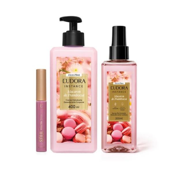 Combo Macaron de Framboesa: Spray Perfumado 200ml + Creme Hidratante 400ml + Gloss 5,2ml