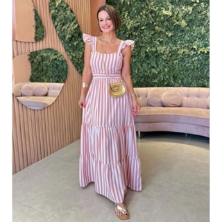 Vestido Longo Com Alça Babado Listrado luxo, moda feminina blogueira tendência em Oferta na Shopee