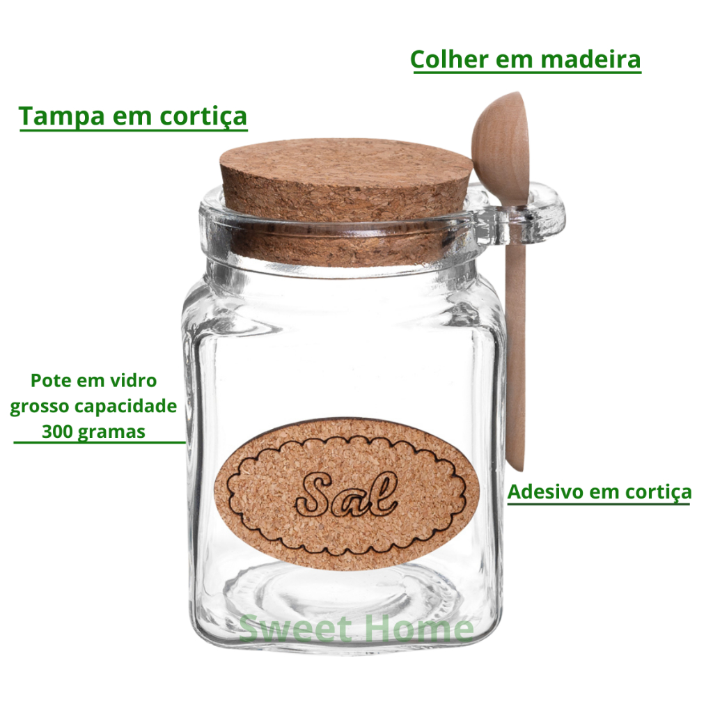 Saleiro Vidro Grosso 300g com Colher Madeira Tampa Rolha Cortiça Porta Sal Cozinha Organizada