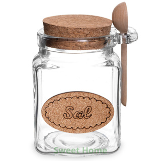 Saleiro Vidro Grosso 300g com Colher Madeira Tampa Rolha Cortiça Porta Sal Cozinha Organizada em Oferta na Shopee