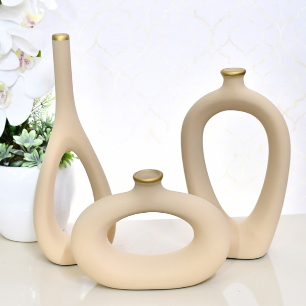conjunto Kit com 3 unidades vasos decorados Trio Vasos Ceramica Enfeite Decorativo Centro De Mesa Sala enfeite rack centro de mesa banheiro Garrafas Estilizadas Em Cerâmica Decoração para sala de estar jarro combina com suas plantas e flores
