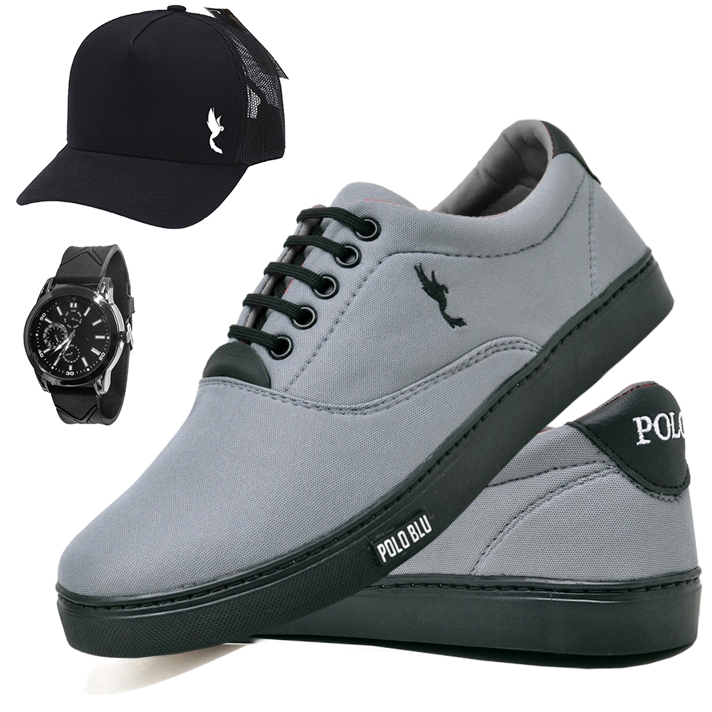 Tênis Sapatênis Masculino Casual Polo Blu Leve em Lona com Relógio Analógico + Boné do 37 ao 46