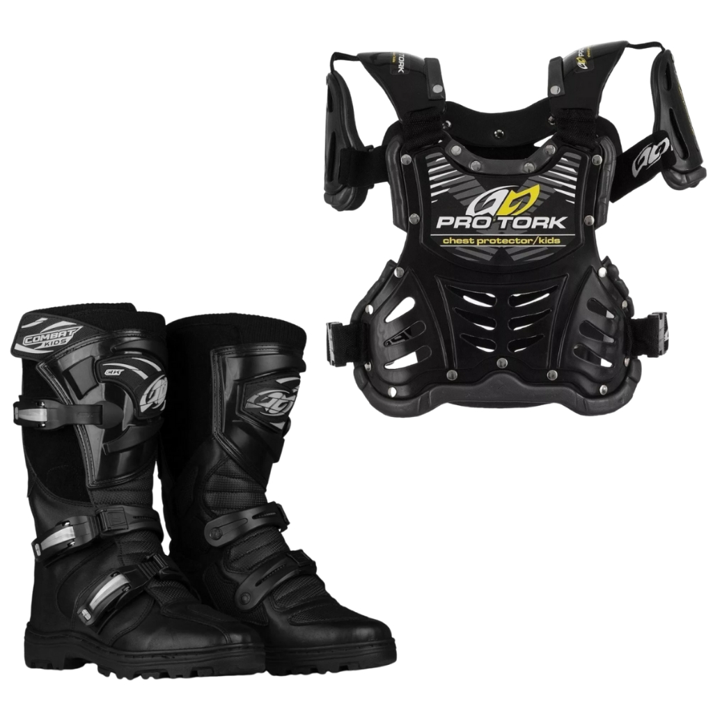 Kit Infantil Motocross Conjunto Bota Combat Kids Black + Colete 788 Pro Tork Criança Menino Menina