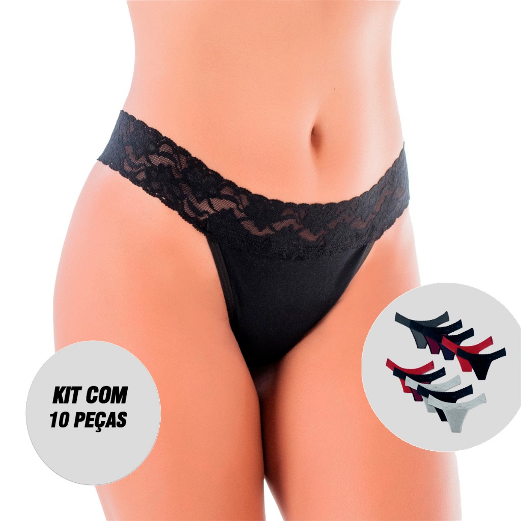 Kit 10 Calcinhas Tanga Fio Duplo Algodão Penteado Para Malhar