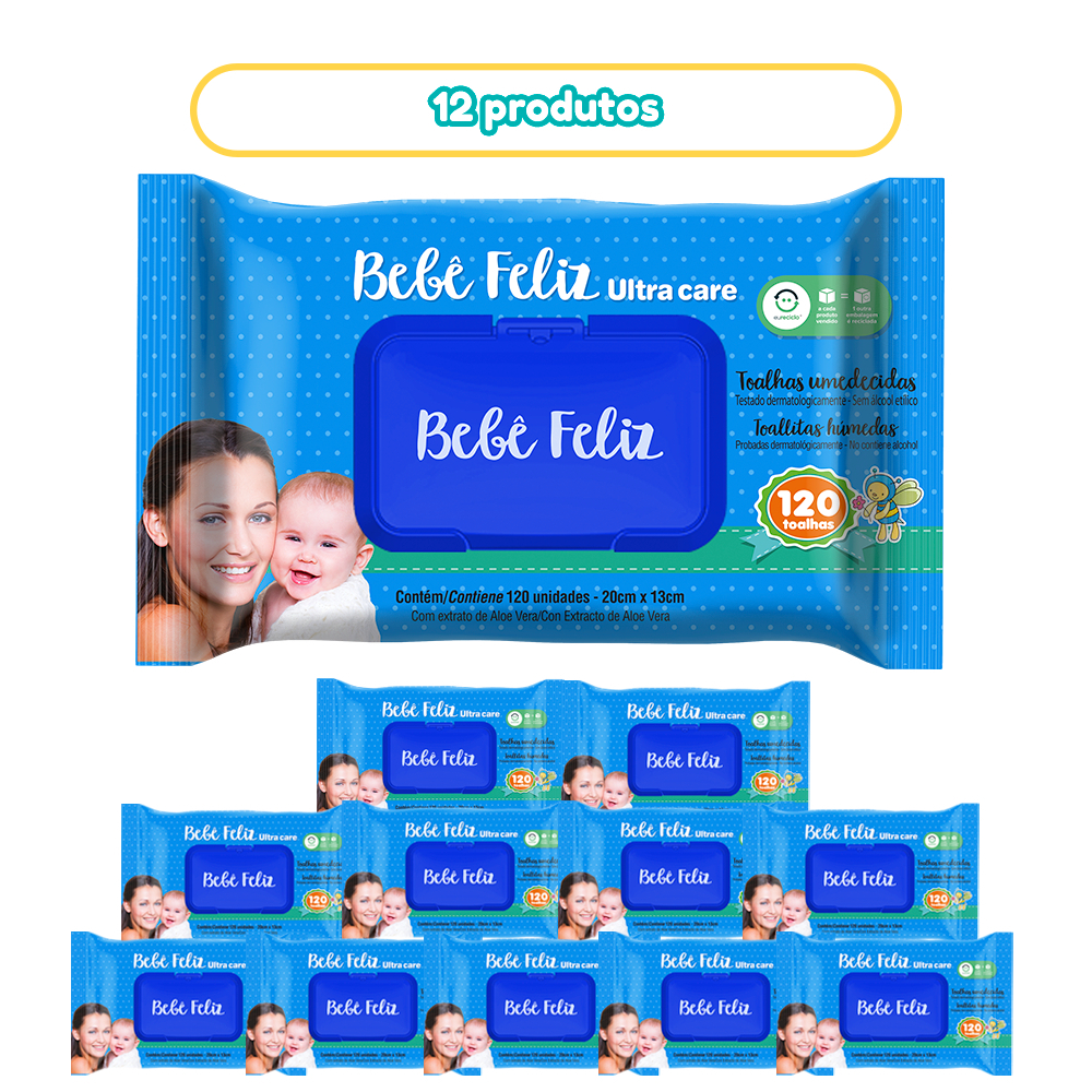 Kit 12 Pacotes Toalhas Umedecidas Bebê Feliz 120 Folhas Cada Pele Sensivel