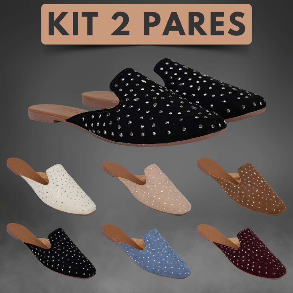 Kit 2 Pares Sapato Mule Feminino Detalhes Pedra Sapatilha Sandália Feminina Tendência Moda Ref.53