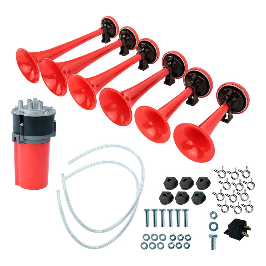 Buzina a Ar Poderoso Chefão 6 Cornetas 12v Completa Com Relé Compressor Musical Universal - Spare Parts and Accessories for Vehicles