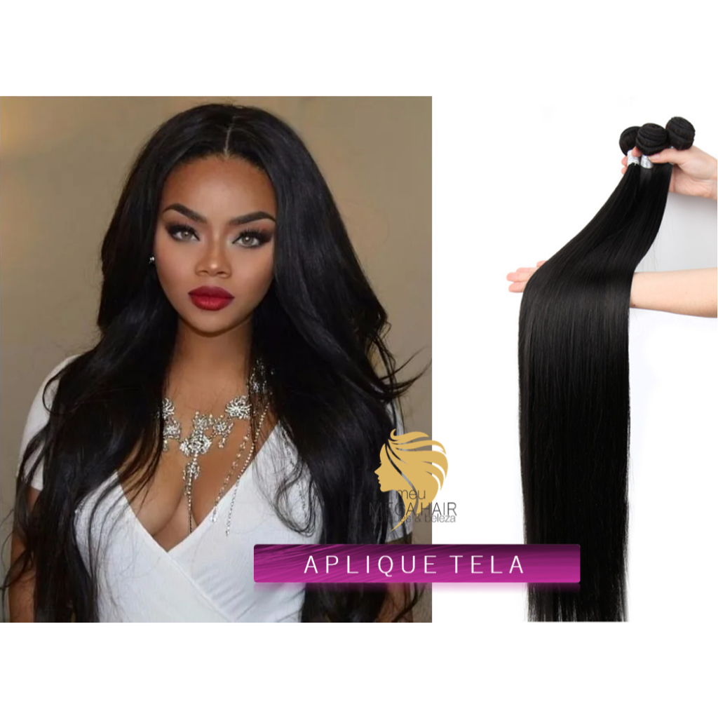 Aplique Cabelo Preto Liso 100g 70cm Telas Para Mega Hair Idêntico ao Humano Mega