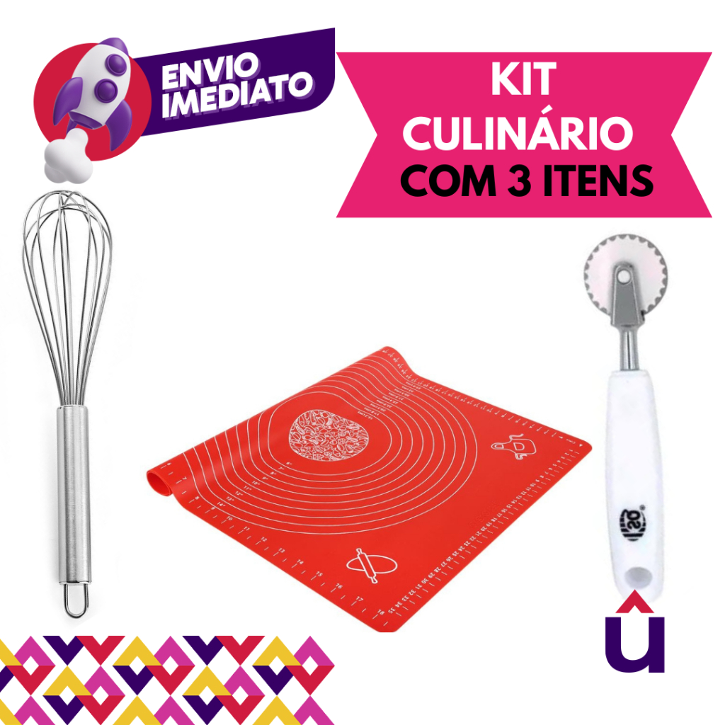Kit 03 Itens:Tapete Culinário Marcação Silicone/Carretilha Cortador Massa Inox/Batedor Claras Manual