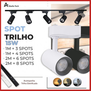 Trilho Spot LED para trilho eletrificado + Trilho + Conector Tubinho Preto e Branco 15W 360° | Bivolt 110V-220V