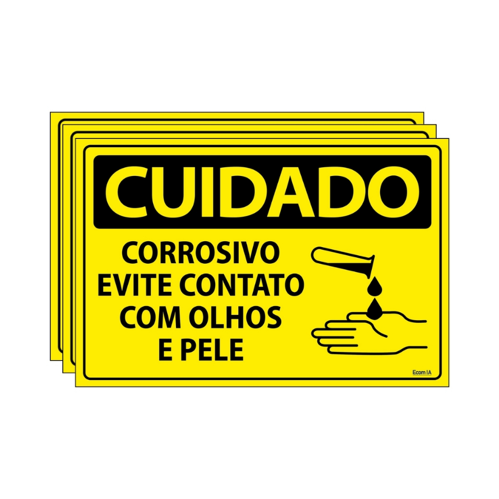 Kit 3 Placas De Sinalização Cuidado Corrosivo Evite Contato Com Olhos E Pele 30x20 Ecom I…