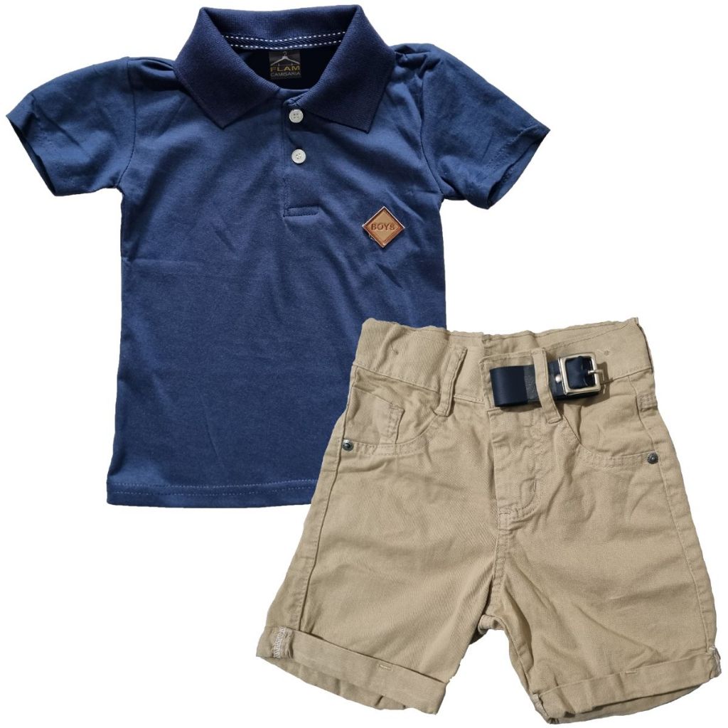Conjunto Camiseta Polo Infantil com Shorts Jeans Elastano Com Cinto em Oferta na Shopee