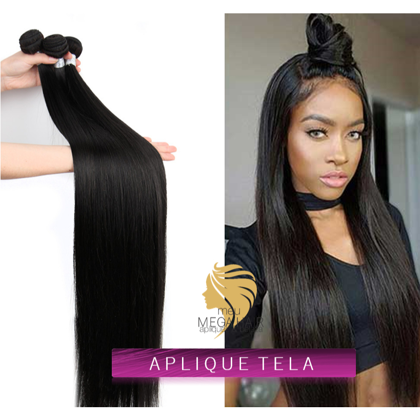 Aplique Cabelo Mega Hair Tela Preto Liso Aplique 70cm 100g Para Fita Entrelaçamento Ponto Americano Bio Humaizadoo