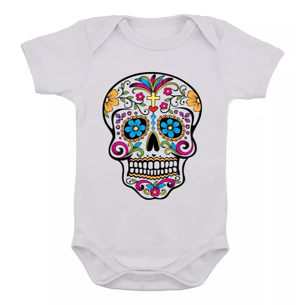 Body Infantil Caveira Mexicana Rock Desenho Colorido Bebê 04