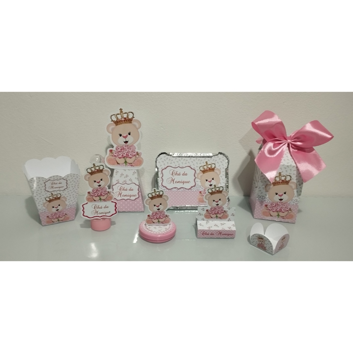 Lembrancinhas Personalizadas Ursinha Princesa Kit 10 com 55 / 110 / 165 / 220 itens - Cx Milk / Cachepô / Cx Bis / Tubete / Latinha / Marmitinha / Cx Pirâmide / Forminha