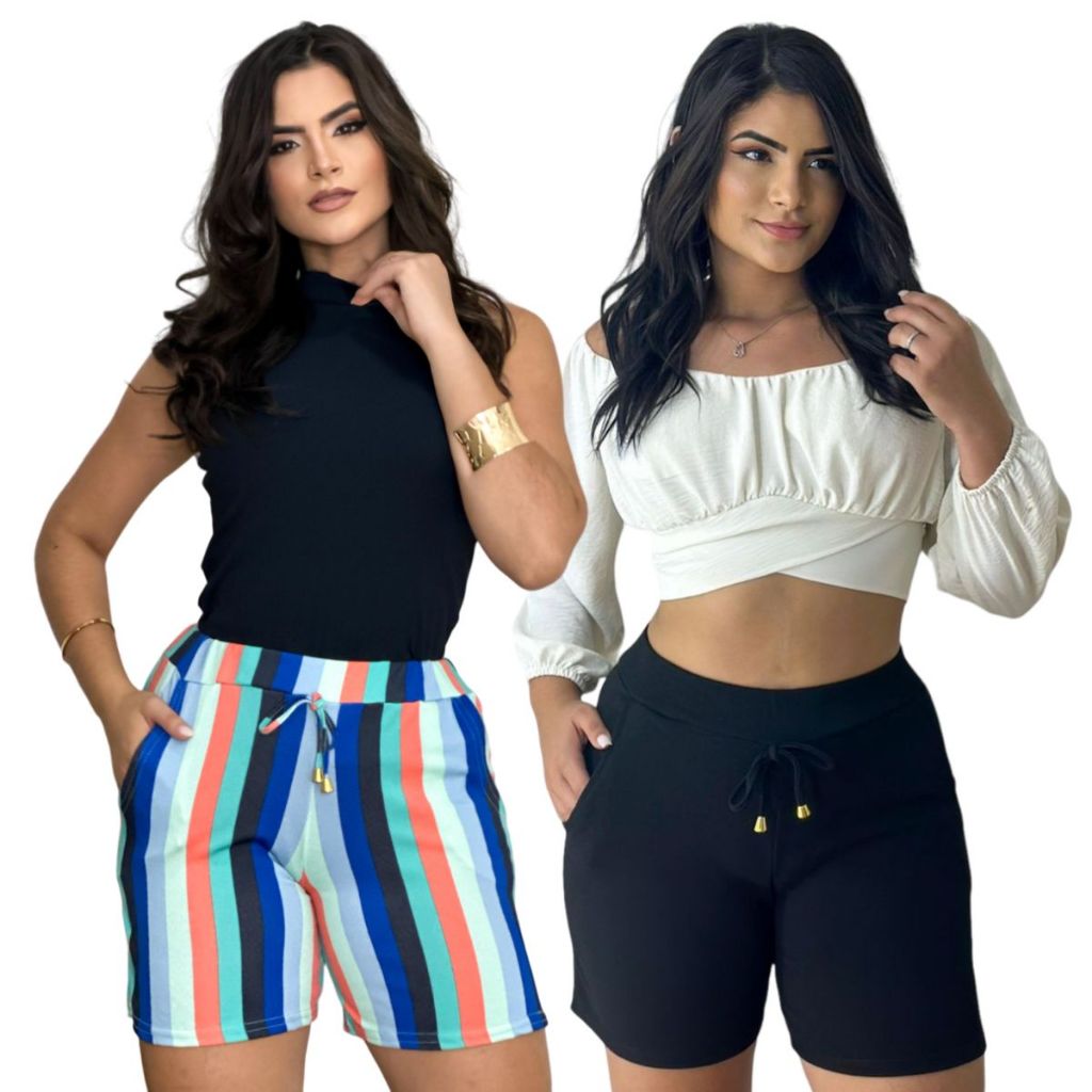 Kit shorts crepe feminino listrado liso e floral premium em Oferta na Shopee