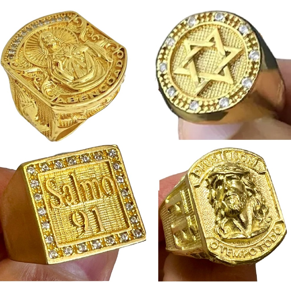 DEDEIRA ANEL RELIGIOSO JESUS CRISTO SENHORA SALMO 91 23 MOEDA ANTIGA ESTRELA SORTE LEÃO MASCULINO