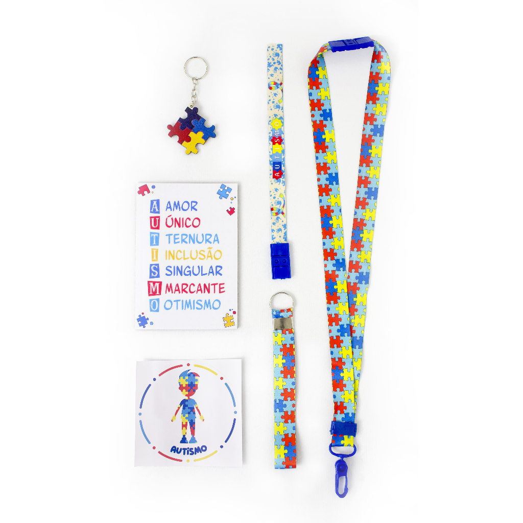 Kit Autismo TEA Menino com Cordão Autismo + Placa Decorativa + Adesivo Menino + Chaveiro Quebra Cabeça + Acessórios
