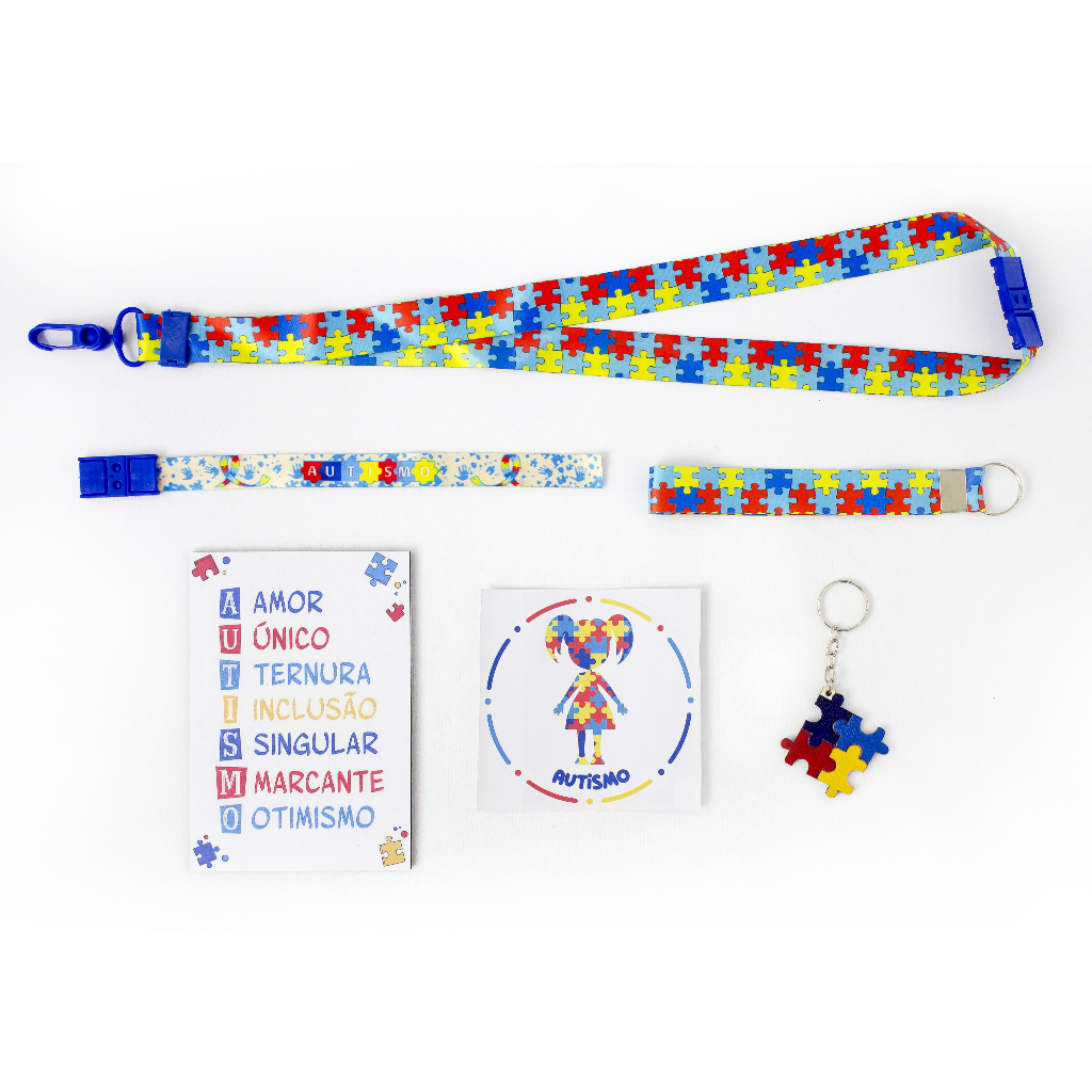 Kit Autismo TEA Menina com Cordão Autismo + Placa Decorativa + Adesivo Menina + Chaveiro Quebra Cabeça + Acessórios