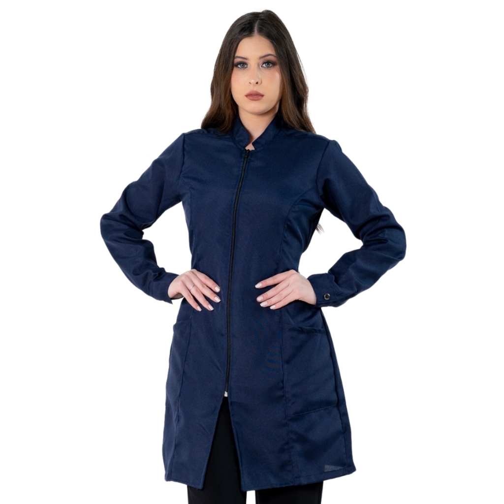 Jaleco Feminino Acinturado Básico Gola Padre Oxford Manga Longa Com Zíper Azul Marinho