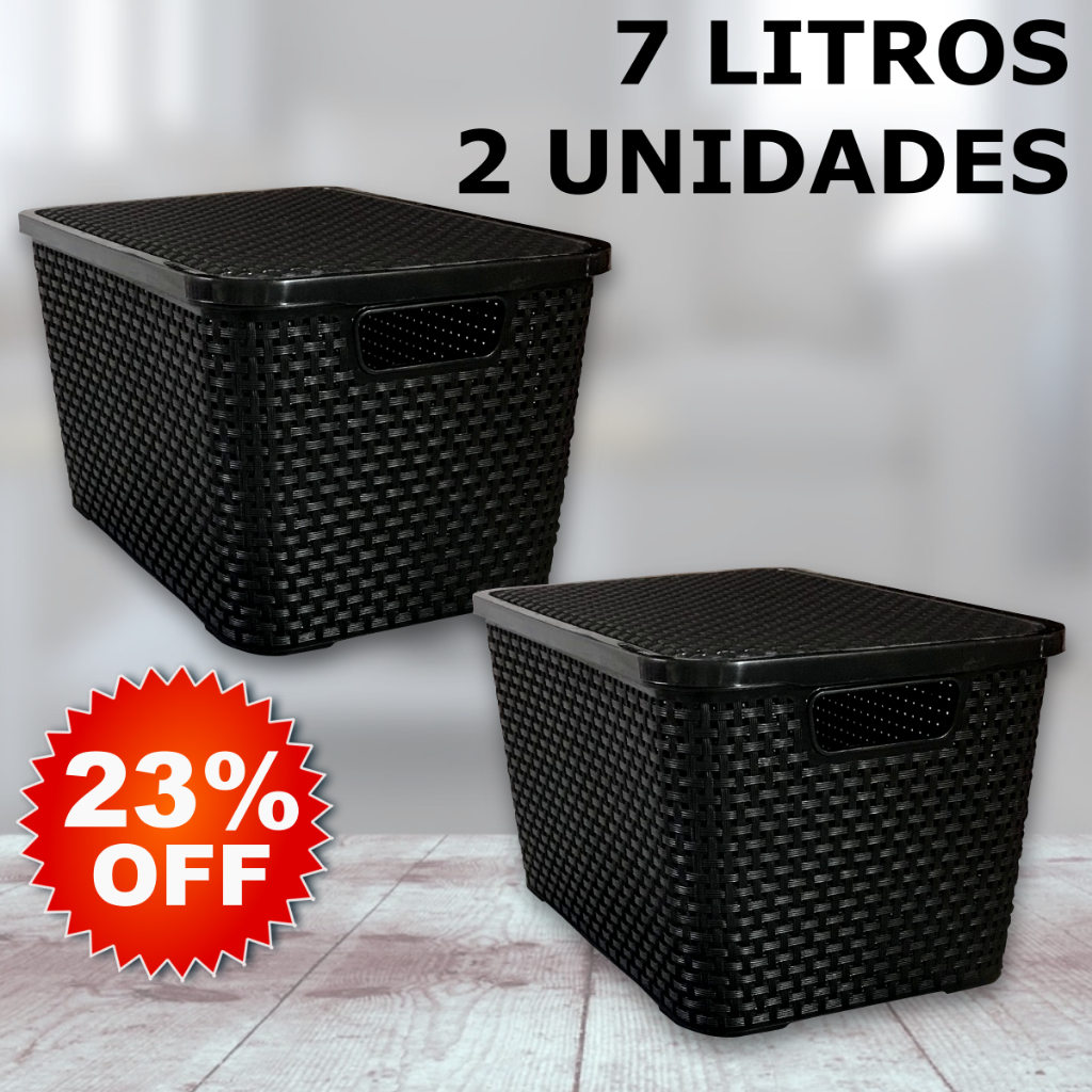 Kit 2 Caixa / Cesta Organizadora Pequena 7 Litros Empilhavel Rattan Preta Com Tampa – Cesto Organizador 7L