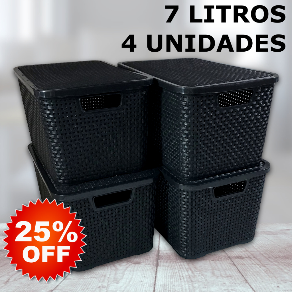 Kit 4 Caixa / Cesta Organizadora Pequena 7 Litros Empilhavel Rattan Preta Com Tampa – Cesto Organizador 7L