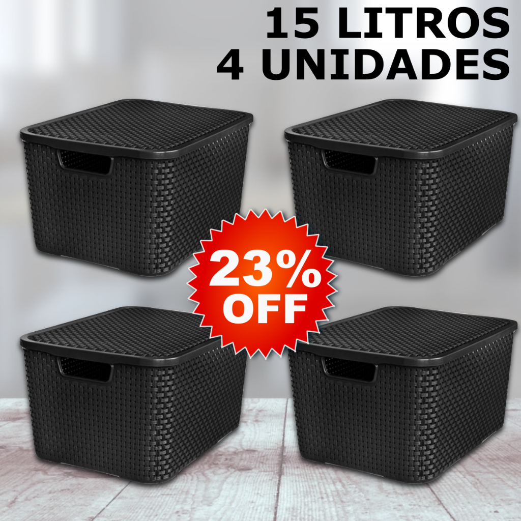 Kit 4 Caixa / Cesta Organizadora Media 15 Litros Empilhavel Rattan Preta - Cesto Organizador 15L em Oferta na Shopee