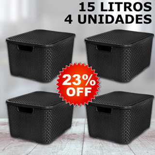 Kit 4 Caixa / Cesta Organizadora Media 15 Litros Empilhavel Rattan Preta - Cesto Organizador 15L em Oferta na Shopee