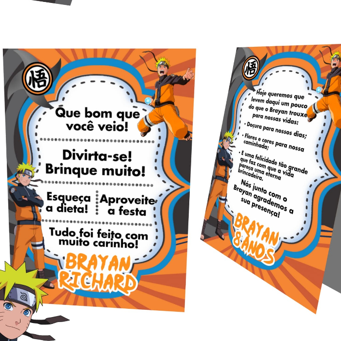 Plaquinha de agradecimento centro de mesa /cartao de agradecimento de mesa NARUTO