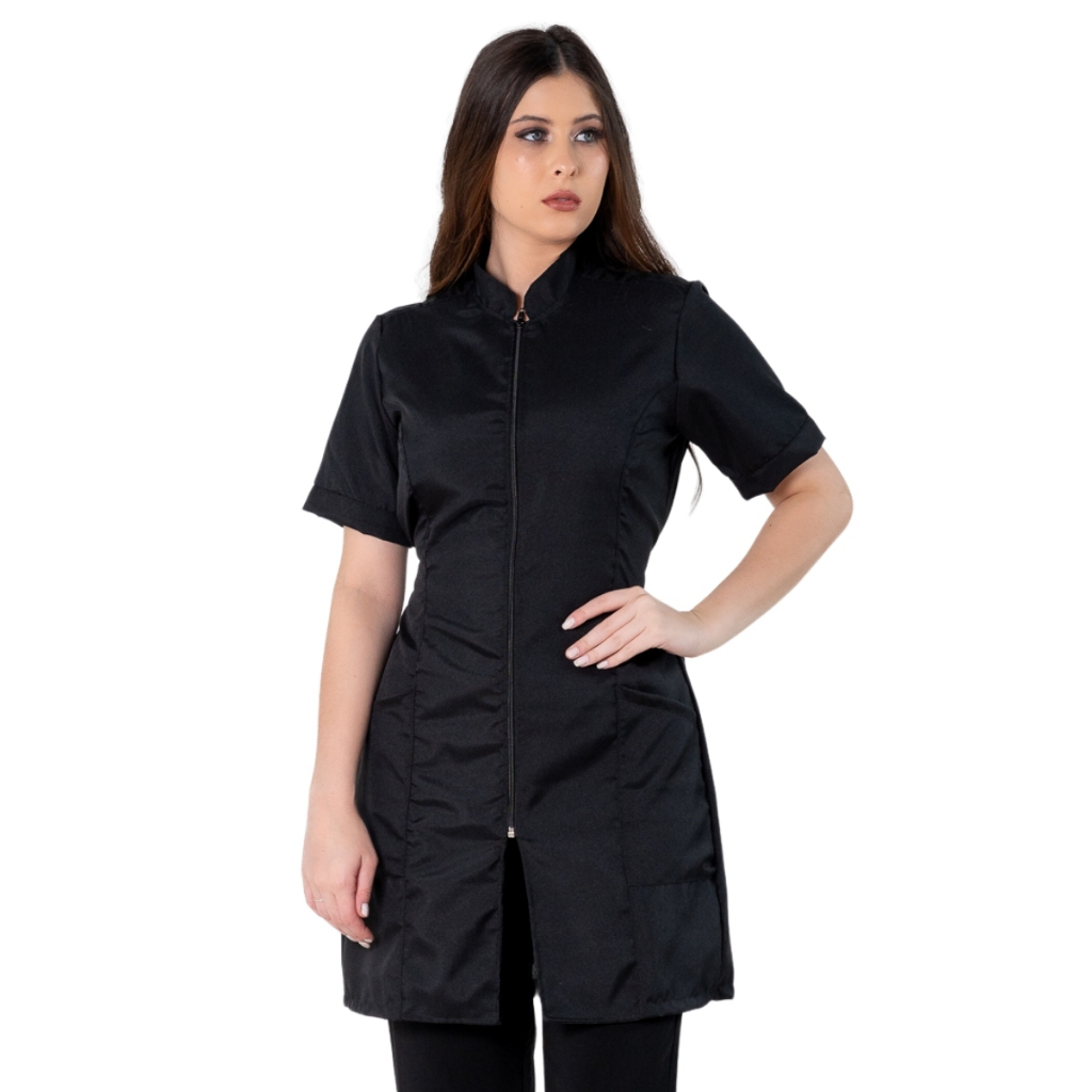 Jaleco Feminino Acinturado Básico Gola Padre Oxford Manga Curta Com Zíper Preto