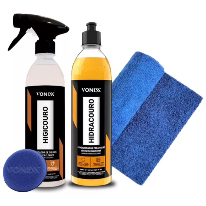 Kit limpeza e hidratação de couro: Hidracouro + Higicouro + pano e aplicador de espuma em Oferta na Shopee