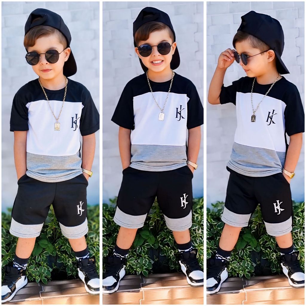Conjunto de bermuda + camisa de Verão Roupa infantil menino juvenil - Tamanho 2 ao 12 Anos