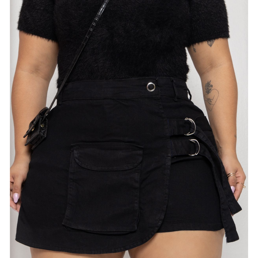 Short saia plus size preto em Oferta na Shopee