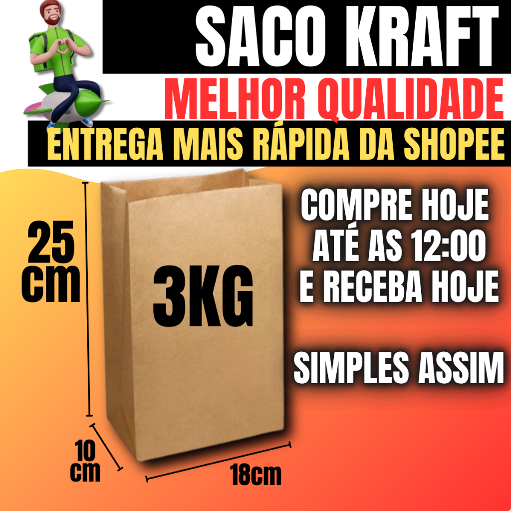 Saco Kraft Embalagem SOS Para Delivery 3KG Com 100 Und 25x18x10 em Oferta na Shopee