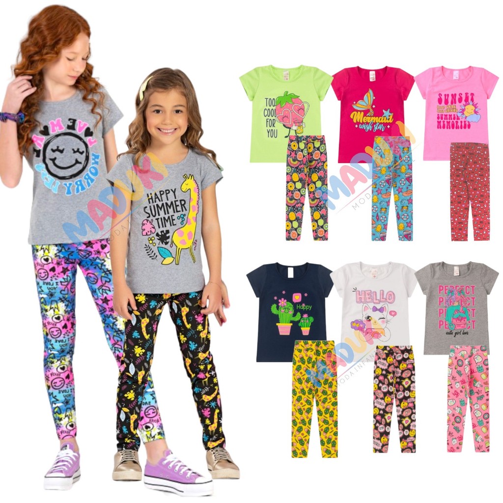 Kit 6 Peças Infantil Juvenil Menina Camiseta e Legging 1 a 16