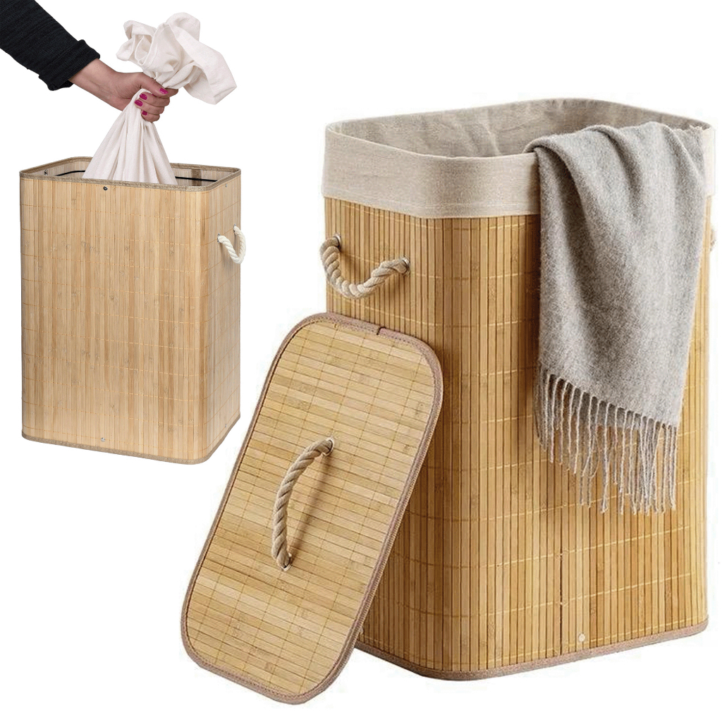 Cesto de Roupa Suja Bambu 70 LITROS Lavanderia com Tampa Retangular Forrado Quarto Banheir...