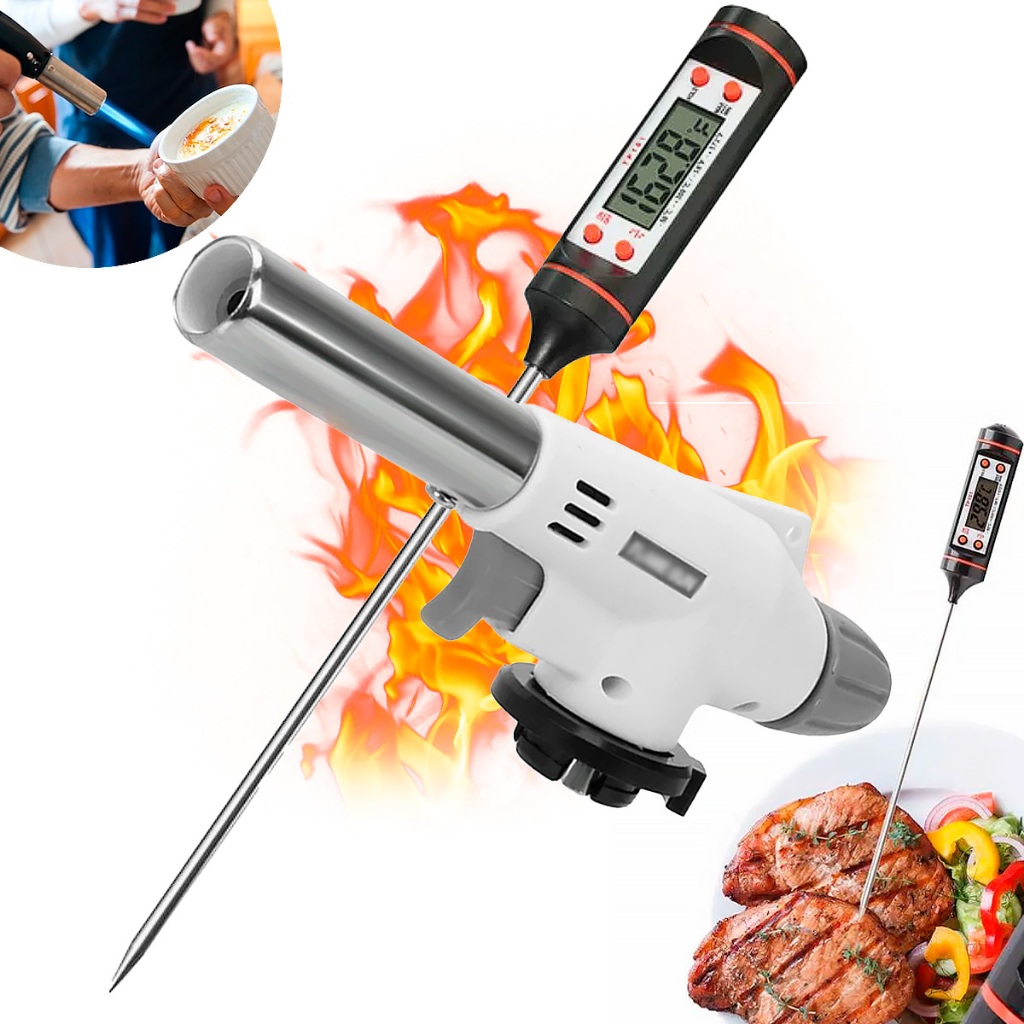 KIT Maçarico Cozinha +Espeto Culinário Kit 1 Maçarico com Controle de Chamas+ Termômetro Carnes Chef